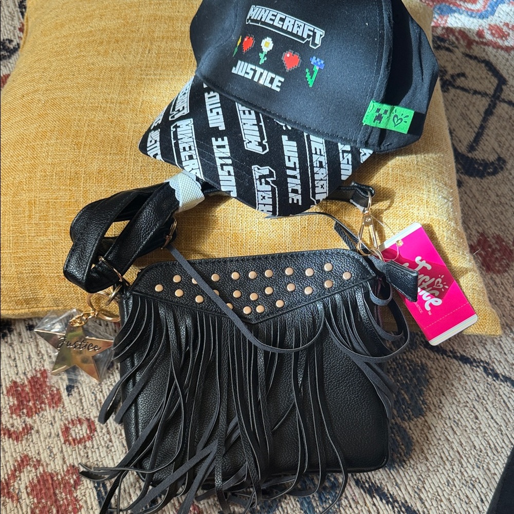 Justice Black Fringe Bag with Gold Accents And justice Hat